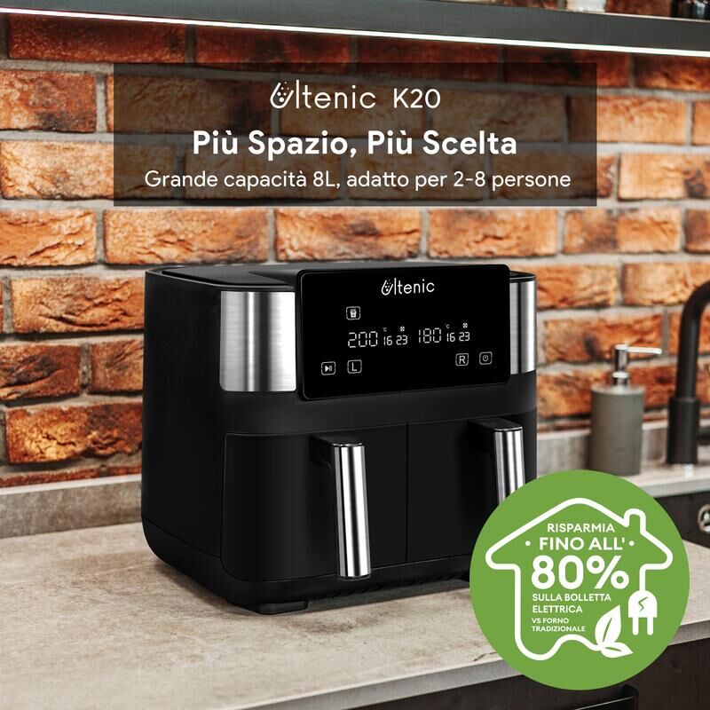 K20 - Friggitrice ad aria senza olio - Doppio scomparto 3.8L2- Touch Screen - Ricette online - Ultenic