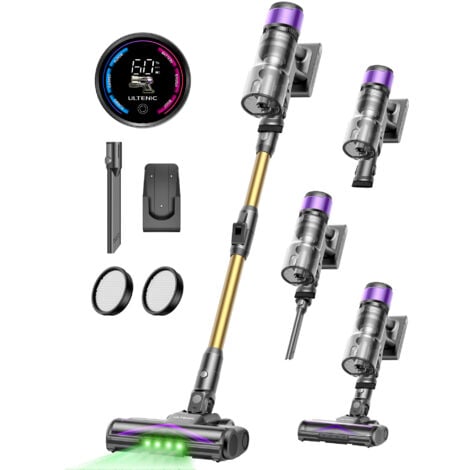 Ultenic UW20, Aspirador vertical sin cable hiperpotente 55KPA,600W, Tecnología GreenEye™, 60 min de autonomía, 1,5L, Tubo plegable, Cepillo antiencrespamiento