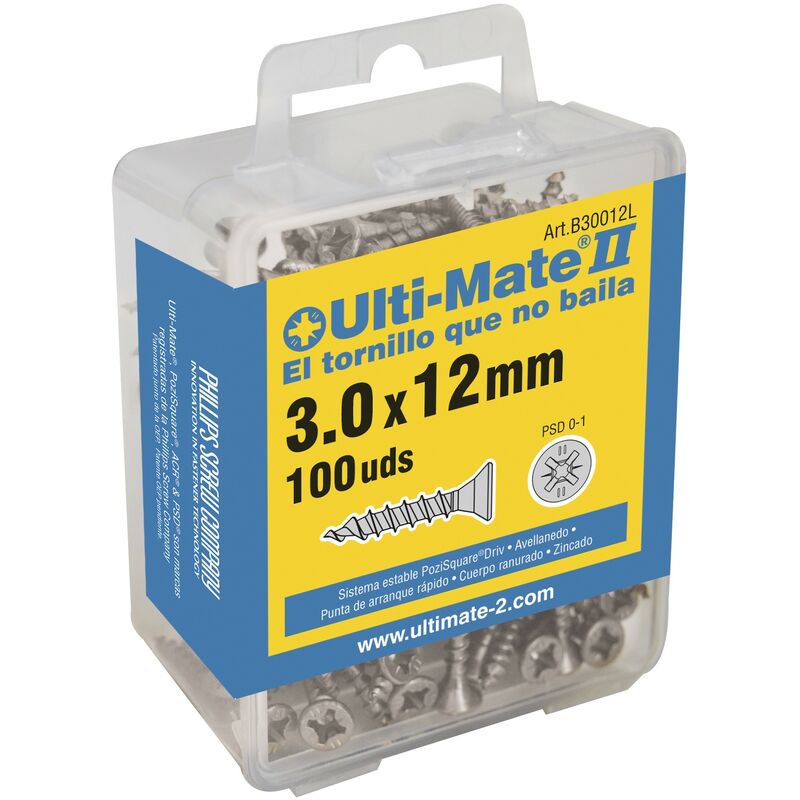 

Ultimateii - ULTI-MATE II B40030L - Tornillo de alto rendimiento Zincado en caja L de 100 uds. (4,0x30 mm)