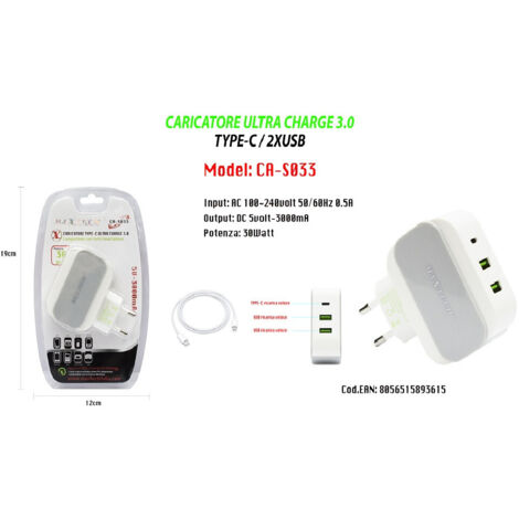 Ultra Charge 3.0 Type-c/2xusb Ricarica For Smartphone 5v-3000ma Maxtech Ca-s033