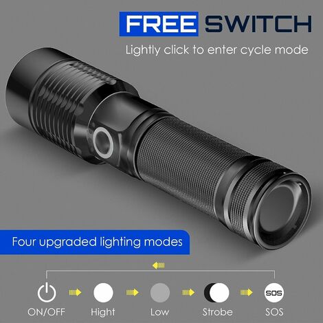 Ultra Powerful LED Flashlight - Rechargeable Flashlight 3000 Lumens S6000 Tactical Lamp, USB Rechargeable LED Flashlight, 5 Flashlight Modes Adjustable Intensity Zoomable Waterproof