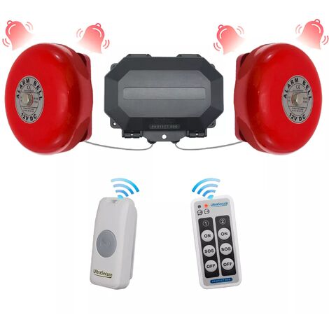 Ultra Secure – Sonnette sans fil double cloche IP56 – Portée 800m – Alimentation 12V – Durée réglable – Volume 100dB pour environnements bruyants