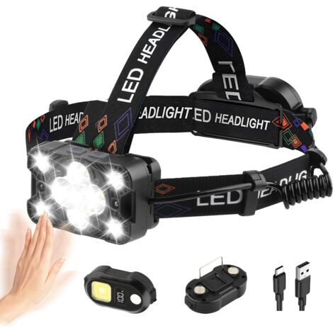 Ultrahelle, wiederaufladbare LED-Stirnlampe mit abnehmbarem Rücklicht, 9 Bewegungssensormodi, 225° verstellbarem Abstrahlwinkel, wasserdicht nach IPX4, geeignet zum Wandern, Campen, Angeln und Laufen