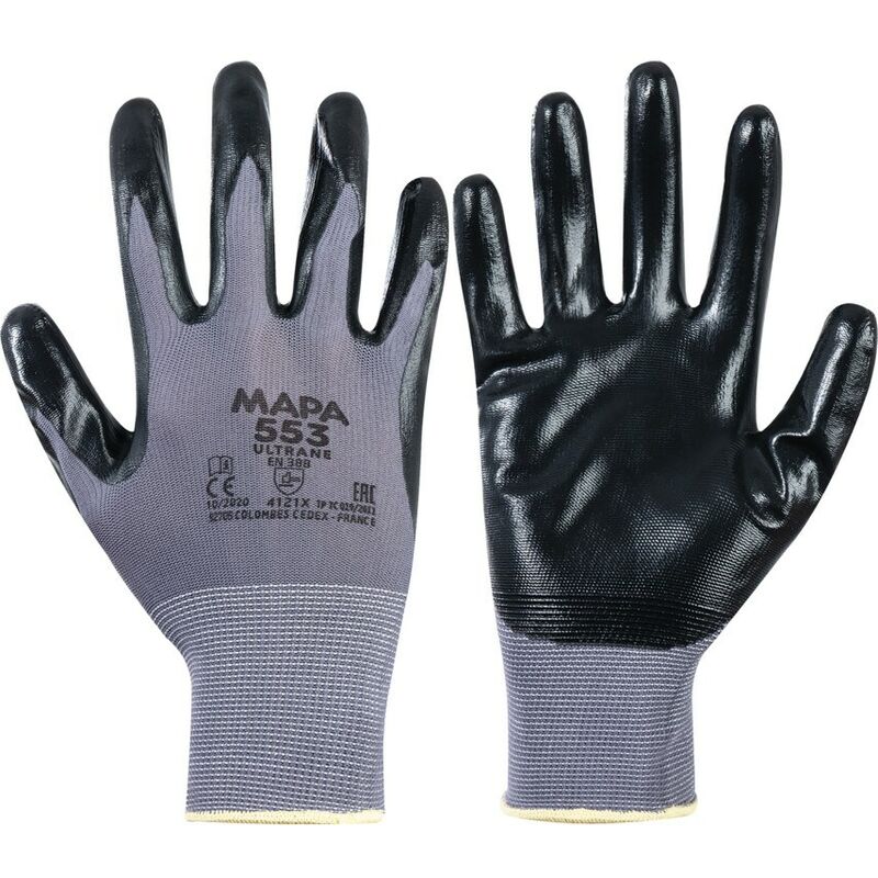 Mapa Professional Nitrile Coated Gloves, Mechanical Hazard, Black, Size 8