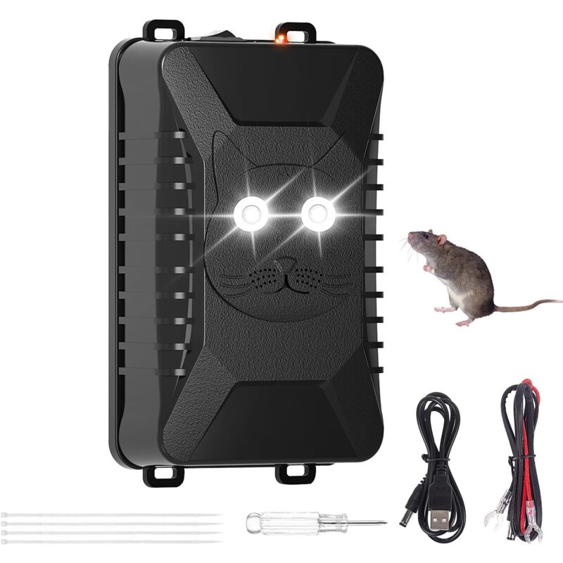 Ultrason Souris et Rats pour Voiture 12V, avec Lumière Clignotante, Repulsif Rongeur pour Voiture, Anti Rongeur Voiture, Répulsif Chat Ultrason