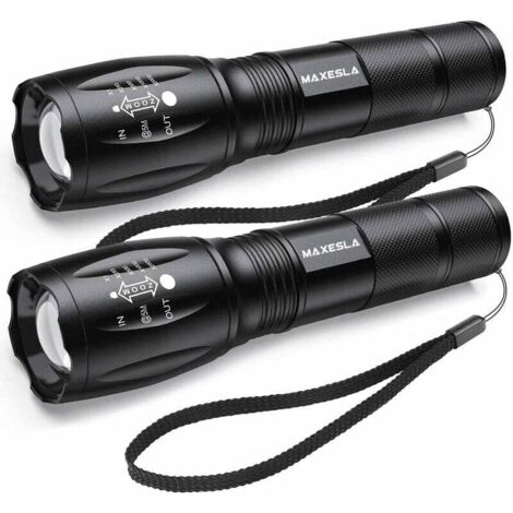 Ultrastarke LED-Taschenlampe, 2000 Lumen Taschenlampe, IP65 wasserdichte taktische Taschenlampe, zoombar, 5 Lichtmodi, stoßfest, rutschfest für Camping, Wandern, Notfall, 2er-Pack [Energieklasse A+++]