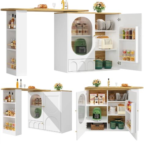 Um 360° drehbarer Bartisch, Stehtisch (Korpus 138 x 39 x 102 cm), Kaffeebarmöbel, drehbare Esstheke mit Stauraum, Kücheninsel, drei Türen mit Türregalen,herausnehmbare Trennwände, weiß / schwarz