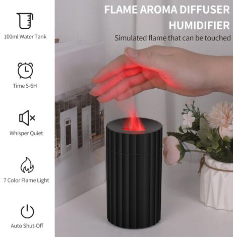Umidificatore d'aria Flame, umidificatore per aromaterapia da 100 ml con 7 colori di luce, portatile e con protezione di spegnimento automatico, ideale per umidificare e aromatizzare il tuo spazio abi