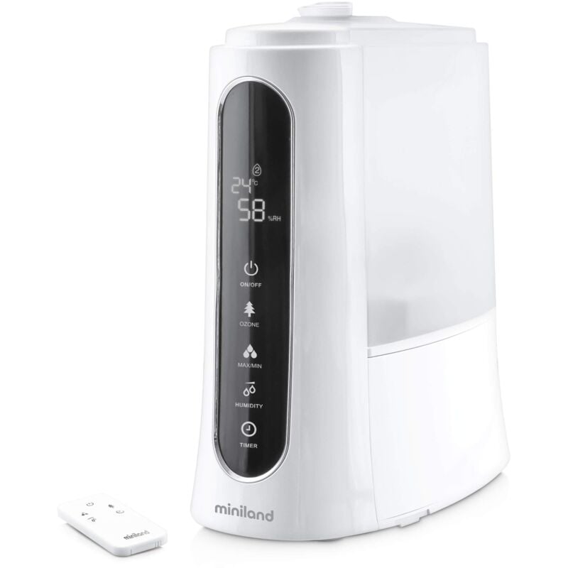 Miniland - Umidificatore humitouch pure a ozono che pulisce e purifica l'aria con telecomando e pannello tattile bianco, 5L