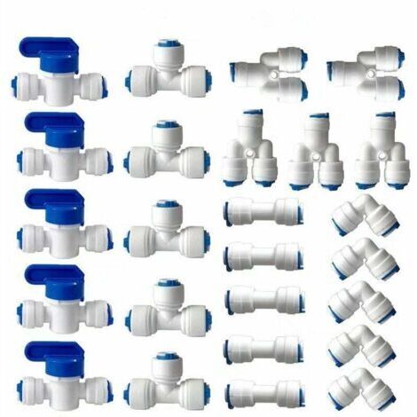 Umkehrosmose-Wasserfilteranschluss, 1/4" (6 mm) Steckanschluss für Wasserfilterschläuche, Kühlschrankanschlüsse (Y + T + I + L Kombinationsventil + Absperrventil) 25 Stück
