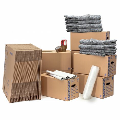 Umzugsset 4-5 Zimmer Wohnung Umzugskartons Packseide Luftpolsterfolie Klebeband Umzugsdecken