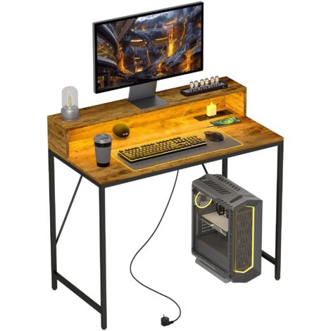 Un bureau avec éclairage LED, une prise de courant, un support pour écran et une télécommande  dimensions : 100 x 50 x 90,5 cm  couleur : marron rétro.