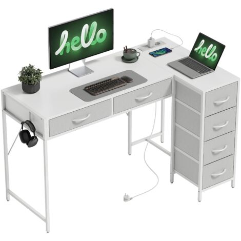 Un bureau d'angle rabattable à 6 tiroirs, mesurant 126 x 48 cm, équipé d'une prise de courant, de ports de chargement USB et USB-C, et de couleur blanche.
