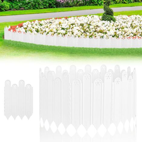 Un conjunto de 10 borduras de jardín, con una longitud total de 2 metros, aptas para bordes de césped y macizos de flores, en color blanco.