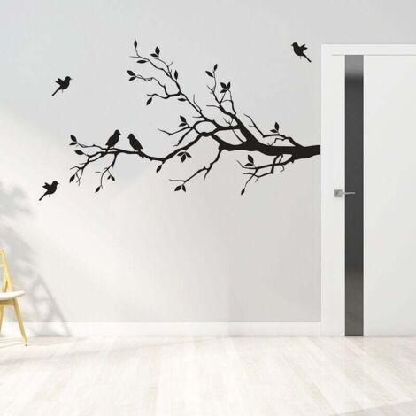 Un conjunto de pegatinas de pared con diseño de ramas de árbol, hojas y pájaros, extraíbles, para decoración del hogar y el dormitorio, en color negro.