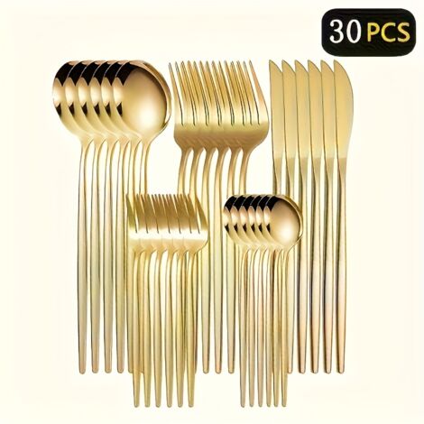 Un élégant service de couverts de luxe 30 pièces en acier inoxydable – Comprend un couteau, une fourchette, une cuillère, une cuillère à dessert et une fourchette à dessert pour 6 personnes – Finition