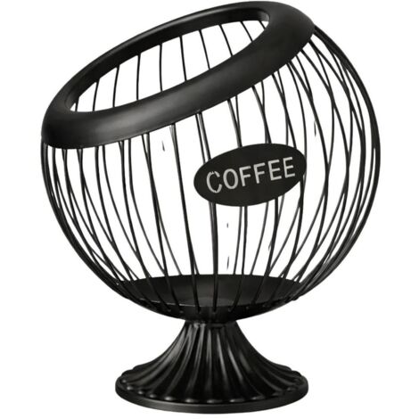 Un elegante expositor de frutas independiente, fabricado en acero inoxidable negro y equipado con un soporte para cápsulas de café.