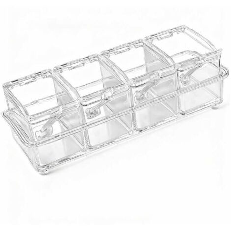 Un ensemble comprend 4 pots à assaisonnement, un pot à épices avec une cuillère en plastique, un couvercle et une cuillère pour conserver le sel, le poivre, le sucre et les épices.