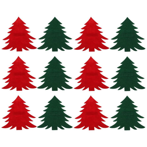 Un ensemble de 12 porte-couverts en forme de sapin de Noël, pouvant contenir des couverts ou servir de décorations de table (rouges et verts).