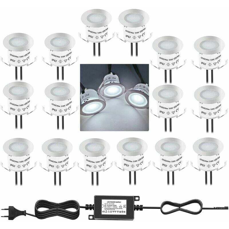 Un ensemble de 16 mini spots LED encastrés d'extérieur, étanches IP67, blanc lumière du jour 4500K, 32 mm, 0,6 W DC12V, adaptés aux allées, patios,