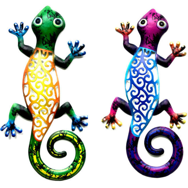 Un ensemble de 2 pièces de gecko en métal, décoration murale gecko en métal, décoration murale extérieure gecko en métal, art de jardin en lézard,