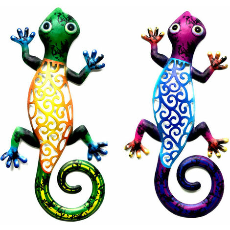 Un ensemble de 2 pièces de gecko en métal, décoration murale gecko en métal, décoration murale extérieure gecko en métal, art de jardin en lézard, décoration en verre suspendue pour patio ou clôture
