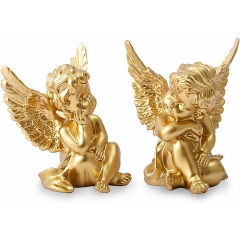 Un ensemble de 2 statues de cerises en résine d'ange dorée, décorées à l'intérieur et à l'extérieur du jardin familial de 4 pouces, belles statues d'ange une paire de statues commémoratives