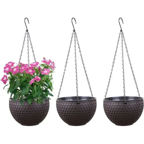 Un ensemble de 3 pots de fleurs en plastique brun foncé avec un design en nid d'abeille, un arrosage automatique, un réservoir de stockage d'eau et un trou de drainage, en tailles S, M et L, adaptés à