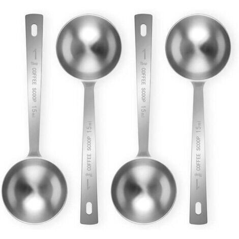 Un ensemble de 4 cuillères à café à long manche en acier inoxydable (1 cuillère à soupe, 15 ml), adaptées au café moulu, au thé en vrac et au café en poudre.