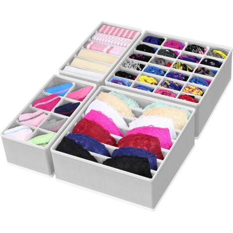 Un ensemble de 4 organiseurs de tiroir pliables – 6 compartiments, 48 x 10 x 8 cm – pour ranger les sous-vêtements et les chaussettes.