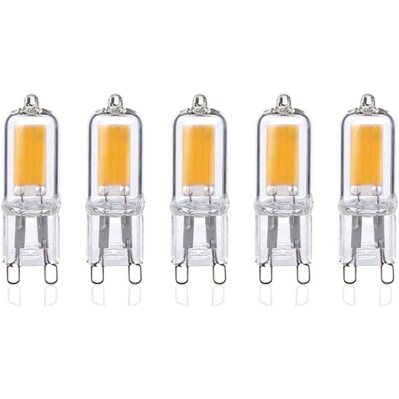 Un ensemble de 5 ampoules LED G9 2W, lumière blanche chaude 3000K, 250 lumens, angle de faisceau 360°, 80+ Ra, AC 220-240V, non dimmable.