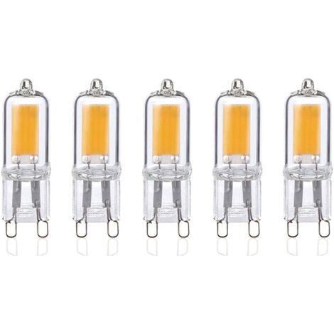 Un ensemble de 5 ampoules LED G9 2W, lumière blanche chaude 3000K, 250 lumens, angle de faisceau 360°, 80+ Ra, AC 220-240V, non dimmable.