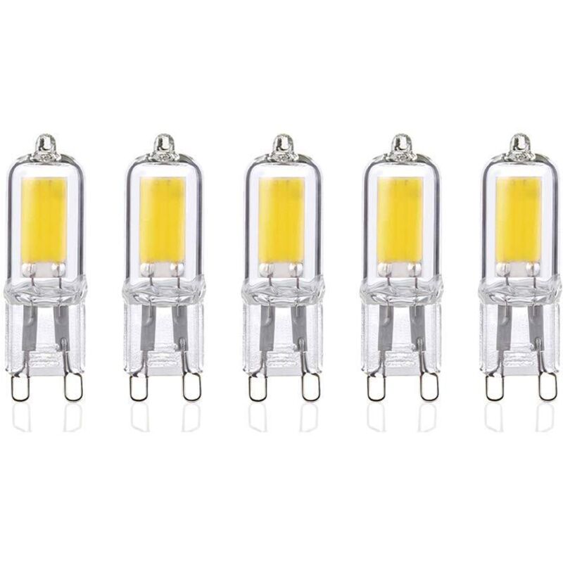 Un ensemble de 5 ampoules LED G9 2W, lumière blanche froide 6000K, 250 lumens, angle de faisceau 360°, 80+ Ra, AC 220-240V, non dimmable.