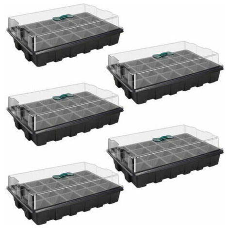 Un ensemble de 5 mini-serres pour semis, chacune comprenant un plateau de semis de 24 alvéoles et un couvercle, adaptées aux semis et à la germination.