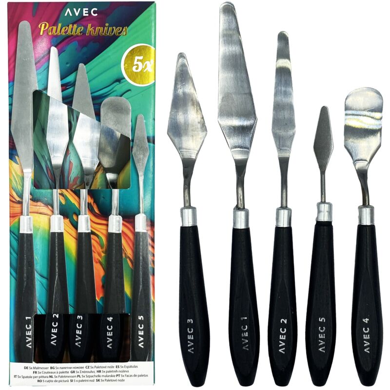 Un ensemble de 5 pièces de spatules à peinture AVEC, spatules artistiques