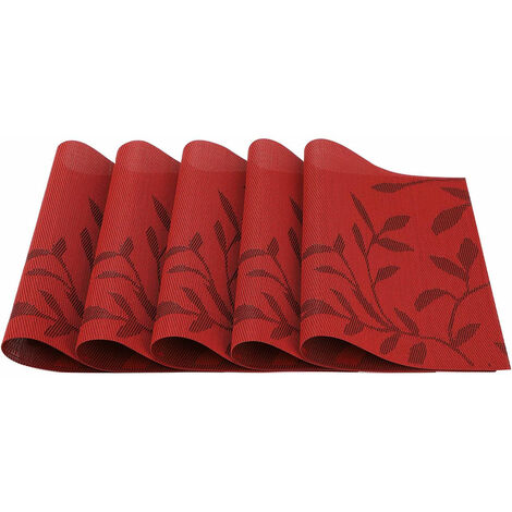 Un ensemble de 5 sets de table antidérapants en PVC résistant à l'usure et à la chaleur, adaptés aux cuisines, aux familles, aux restaurants et aux tables à manger, 45 cm x 30 cm (rouge).（）