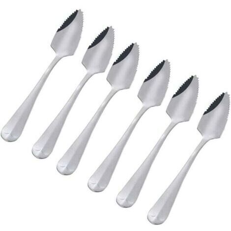 Un ensemble de 6 cuillères à pamplemousse semi-dentelées en acier inoxydable - style vintage - une excellente idée cadeau pour la cuisine.