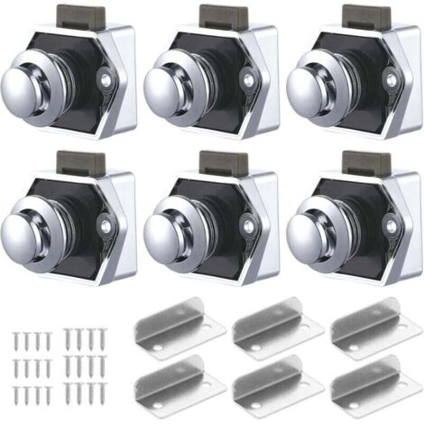 Un ensemble de 6 loquets à bouton-poussoir, verrous de tiroirs et systèmes de verrouillage sans clé adaptés aux camping-cars, yachts, bateaux et fourgons aménagés.