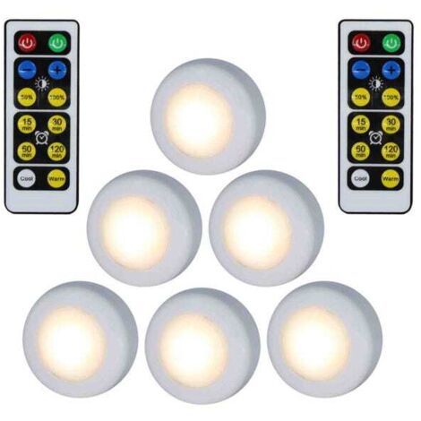 Un ensemble de 6 petits spots LED tactiles, adhésifs, alimentés par piles, adaptés à une utilisation intérieure, tels que les armoires, les placards, les meubles de cuisine, etc., lumière blanche chau