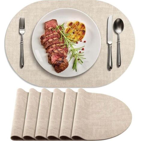 Un ensemble de 6 sets de table ovales antidérapants, en cuir double couche résistant à la chaleur, imperméables et faciles à nettoyer, adaptés aux cuisines, restaurants, cafés et bureaux, beige.