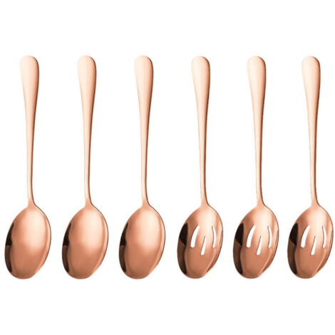 Un ensemble de couverts en acier inoxydable 6 pièces, comprenant 3 grandes cuillères et 3 cuillères à égoutter, idéal pour les buffets et les banquets, en or rose.
