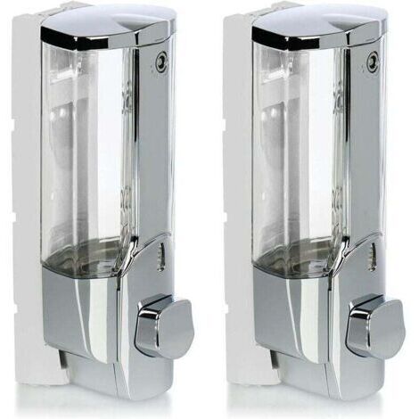 Un ensemble de deux distributeurs de savon muraux rechargeables pour gel douche et shampoing (chromés).