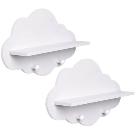 Un ensemble de deux étagères murales blanches en bois en forme de nuage — des étagères de rangement décoratives adaptées aux chambres d'enfants, aux salons ou aux bureaux, dotées d'un design amusant e