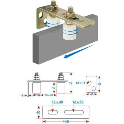 Un ensemble de deux rails de porte coulissante réglables avec roulettes en nylon et support blanc en forme de L.