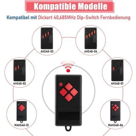 Un ensemble de deux télécommandes de remplacement pour porte de garage – fréquence 40,685 MHz – compatibles avec Dickert MAHS40-04, AHS40-01 et AHS40-02.