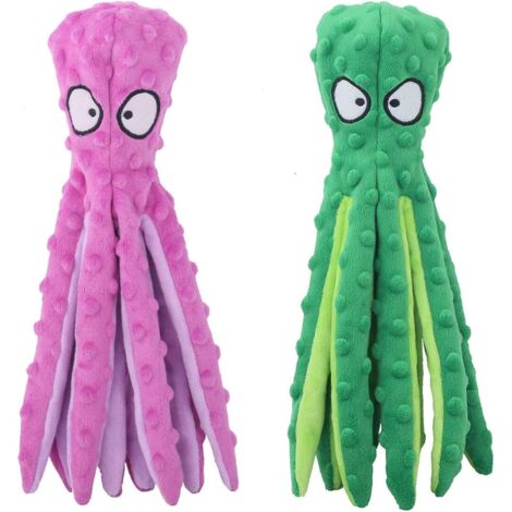 Un ensemble de jouets pour chiens en forme de pieuvre qui couinent, de couleur verte et violette.