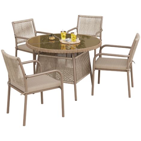 Un ensemble de mobilier de jardin moderne en rotin – table ronde + 4 fauteuils, parfait pour le balcon 