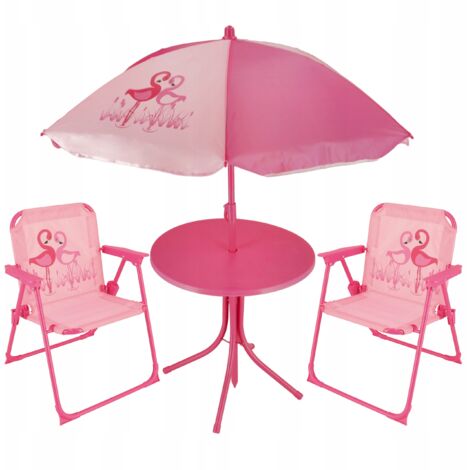 Un ensemble de mobilier de jardin pour enfants, un parasol de pique-nique, une table et des chaises.