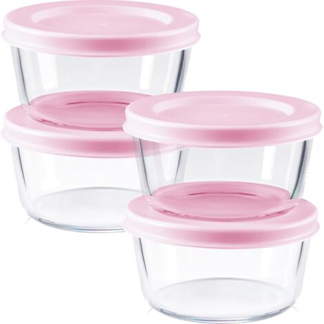 Un ensemble de petits récipients en verre avec couvercles, rose