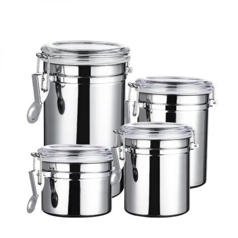 Un ensemble de quatre boîtes de cuisine en acier inoxydable, chacune munie d'un couvercle transparent hermétique et d'un système de verrouillage, convient pour conserver les aliments, les biscuits, la